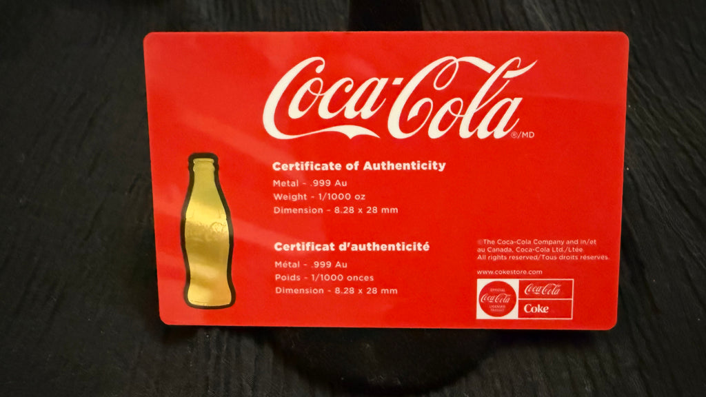 Coca-Cola 1/1000 oz .999 Fine Gold Bottle – Certificate Card