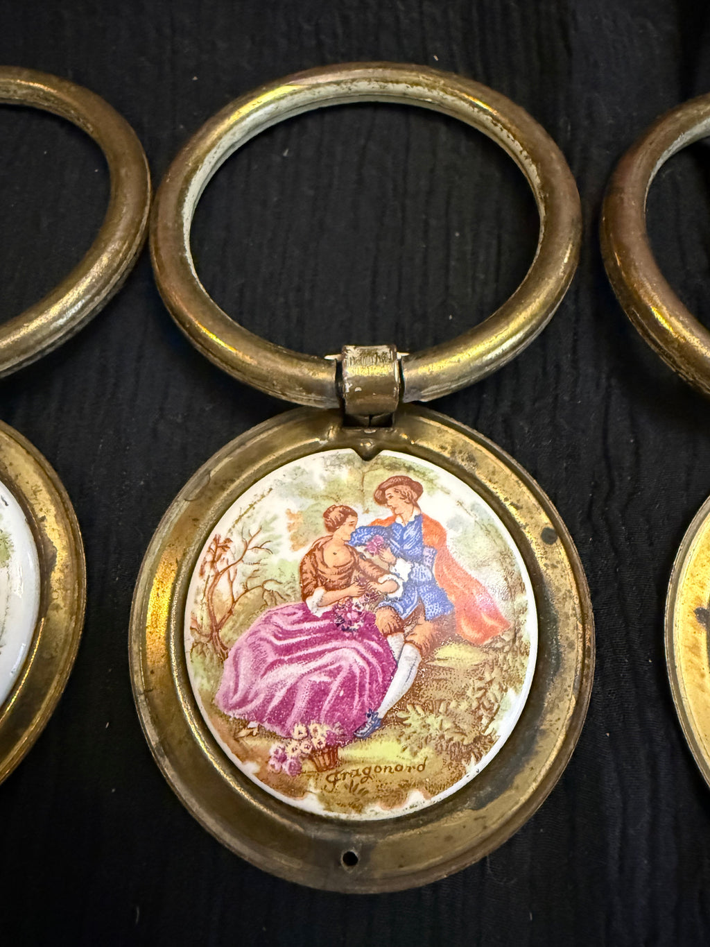 Vintage Fragonard Porcelain & Brass Ring Wall Hangings – Set of 4