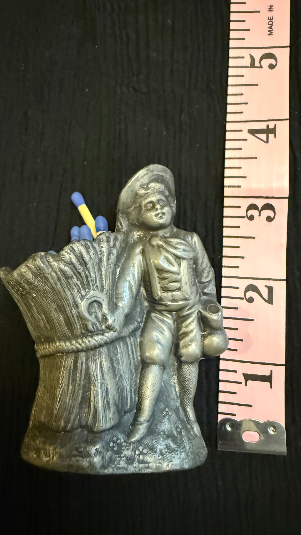 Vintage Figural Pewter Match Holder – Boy with Wheat Sheaf