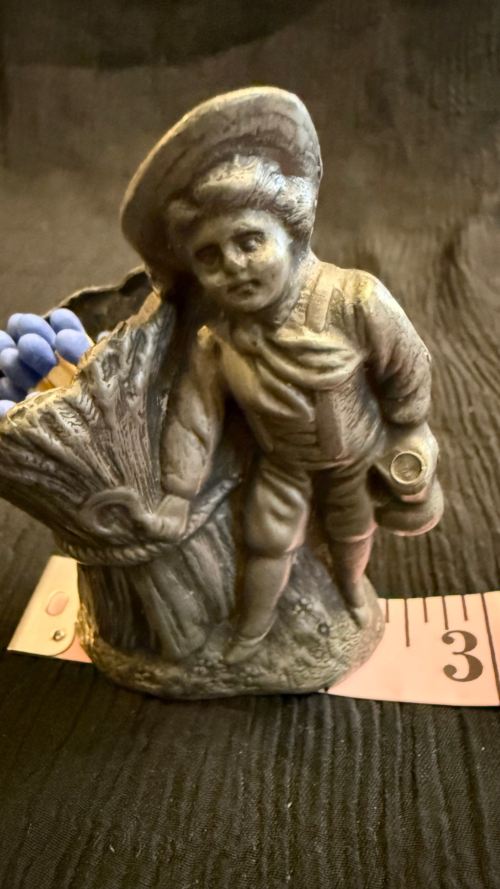 Vintage Figural Pewter Match Holder – Boy with Wheat Sheaf