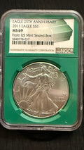 2011 American Silver Eagle $1 – NGC MS69 – 25th Anniversary – From U.S. Mint Sealed Box – Green Core