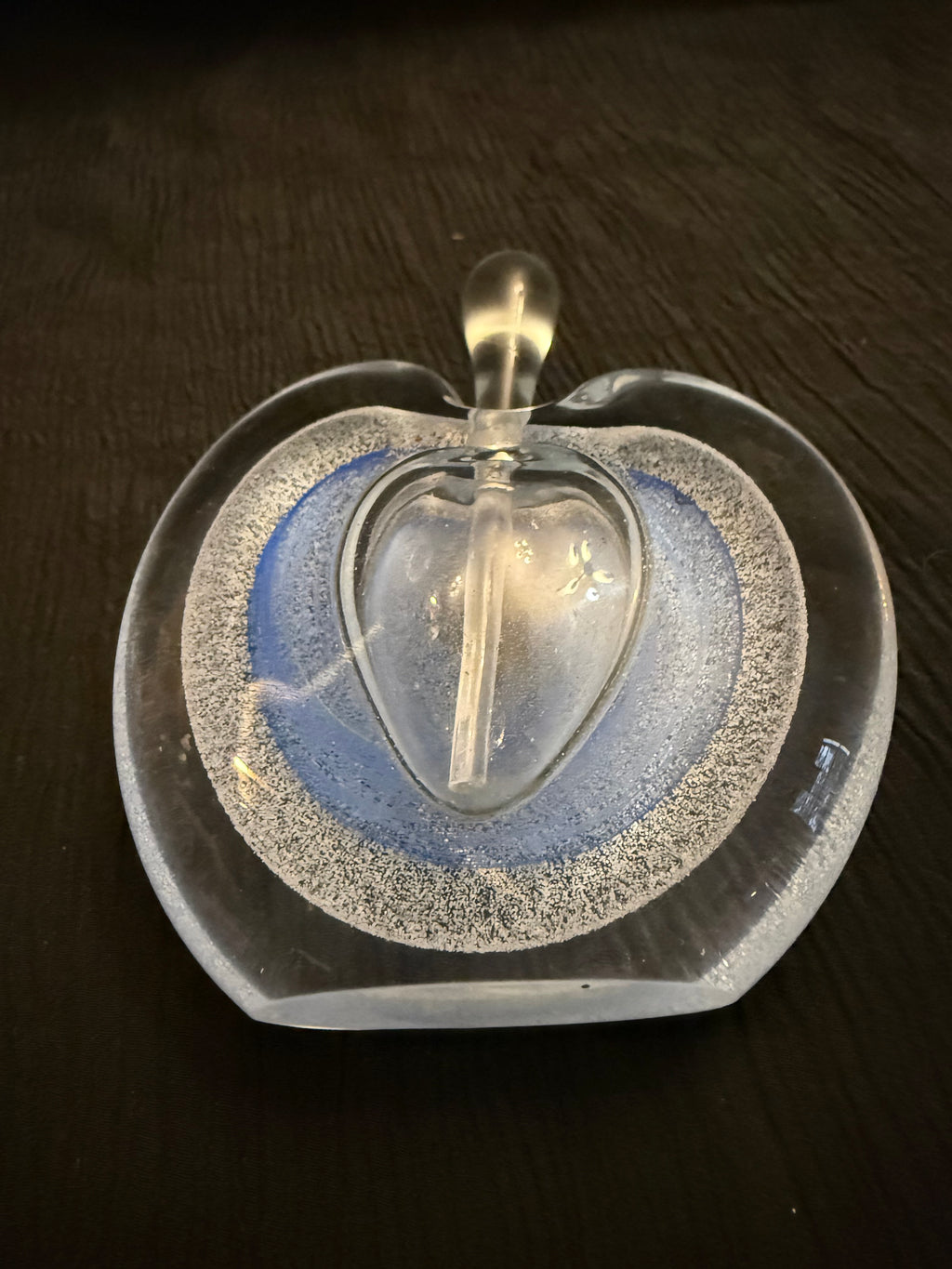 Vintage Hand-Blown Art Glass Apple Paperweight/Perfume Bottle.  Blue & Clear Bubble Design