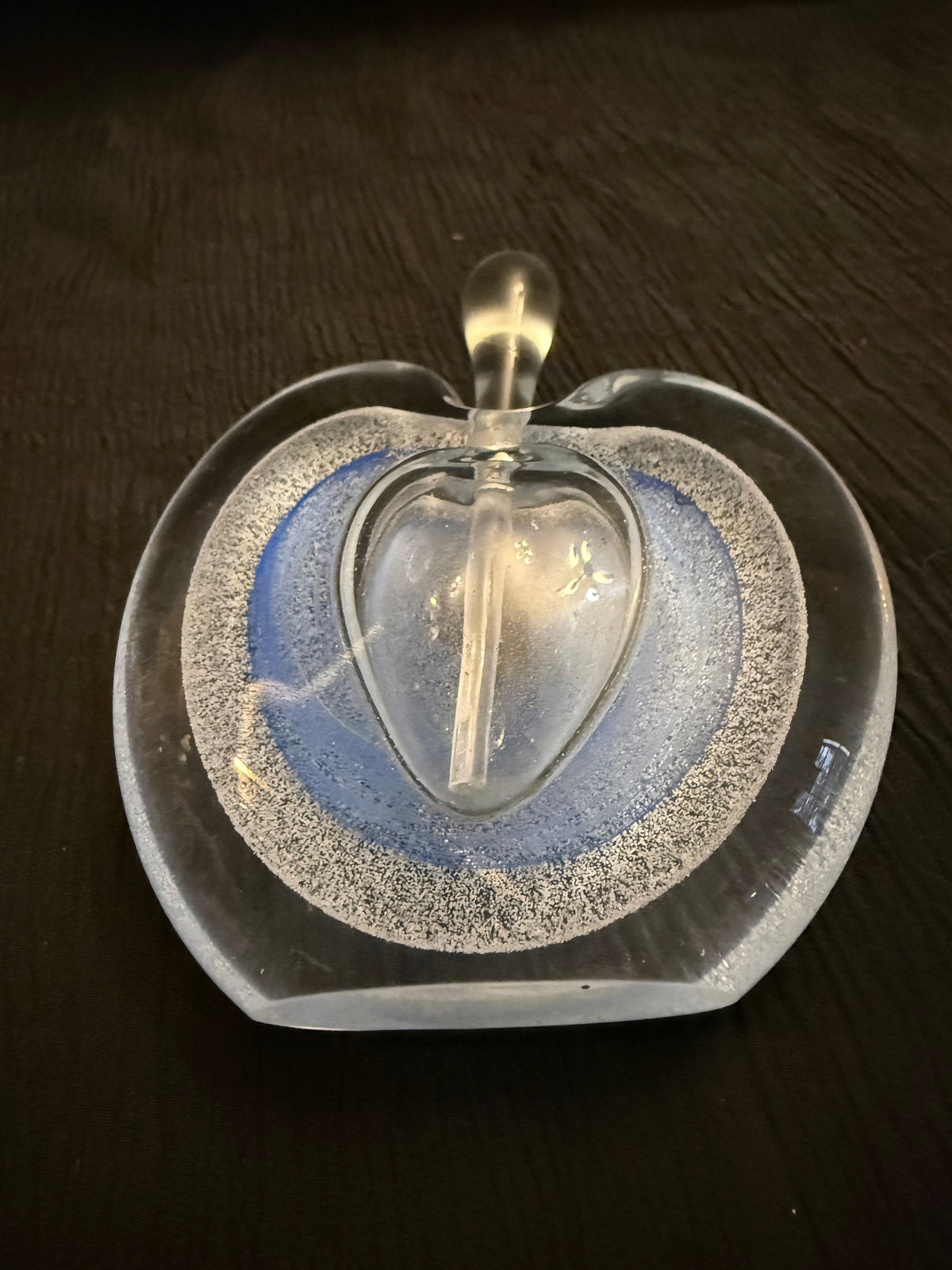 Vintage Hand-Blown Art Glass Apple Paperweight/Perfume Bottle.  Blue & Clear Bubble Design