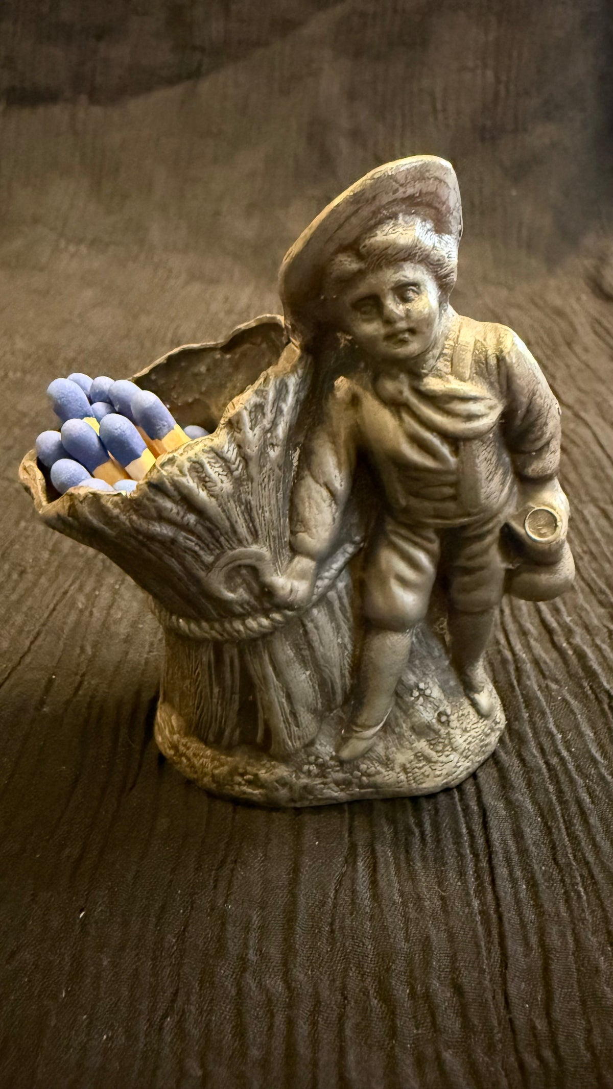 Vintage Figural Pewter Match Holder – Boy with Wheat Sheaf