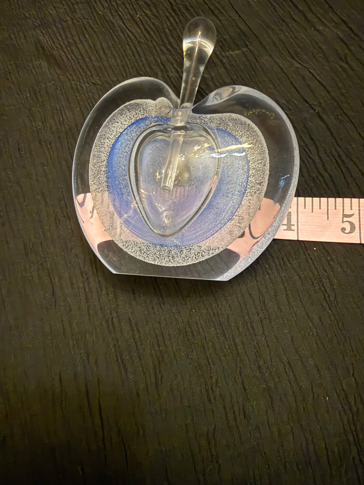 Vintage Hand-Blown Art Glass Apple Paperweight/Perfume Bottle.  Blue & Clear Bubble Design