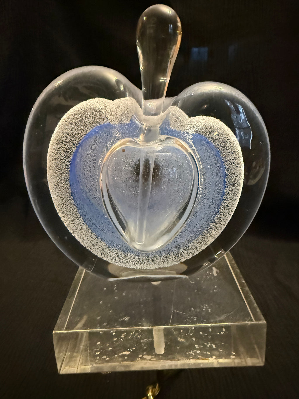 Vintage Hand-Blown Art Glass Apple Paperweight/Perfume Bottle.  Blue & Clear Bubble Design