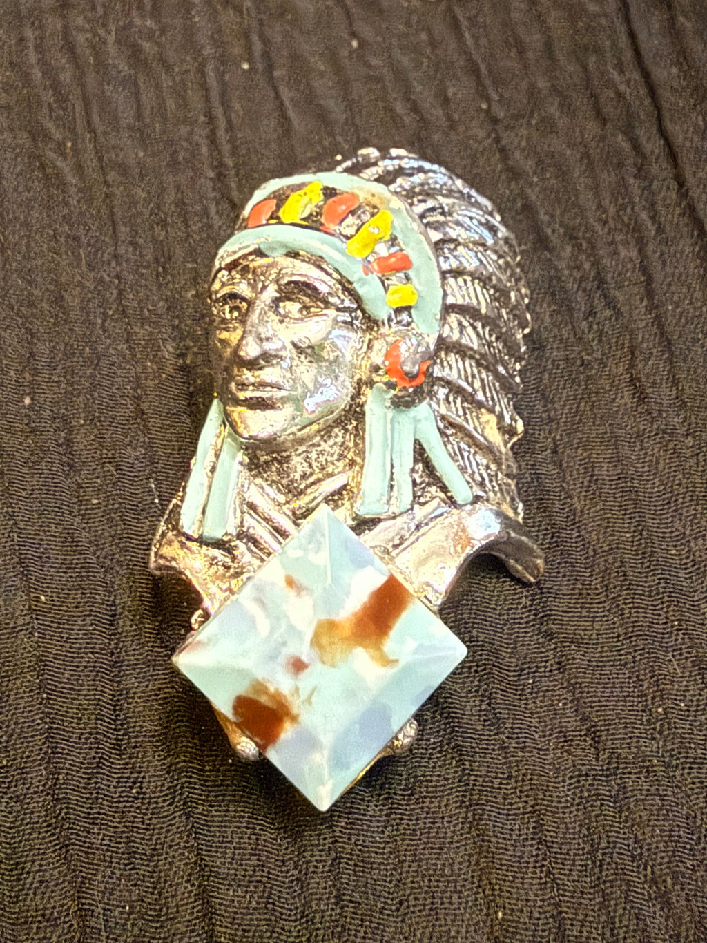 Vintage Native American Chief Brooch – Silver Tone Painted Headdress