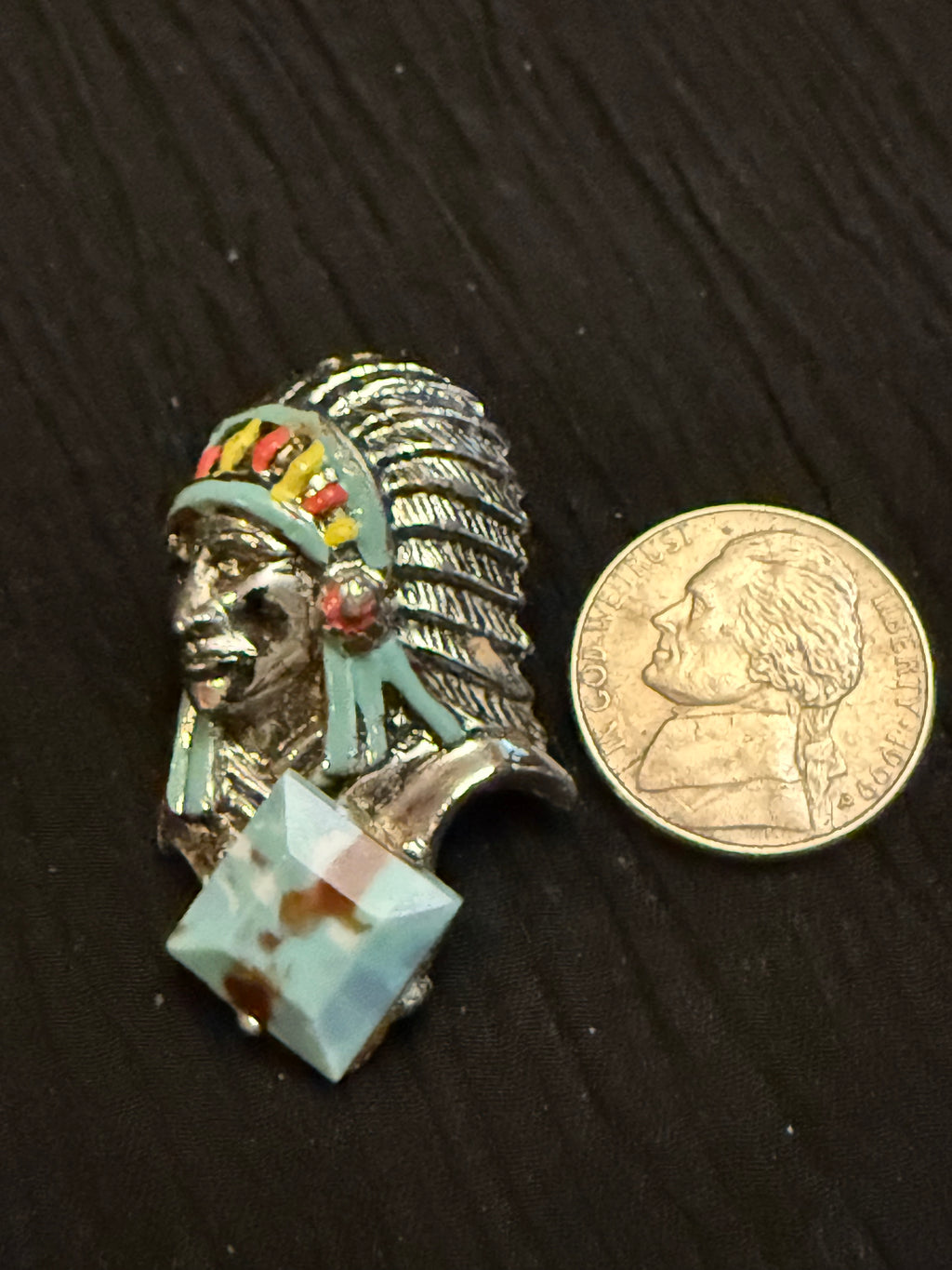 Vintage Native American Chief Brooch – Silver Tone Painted Headdress