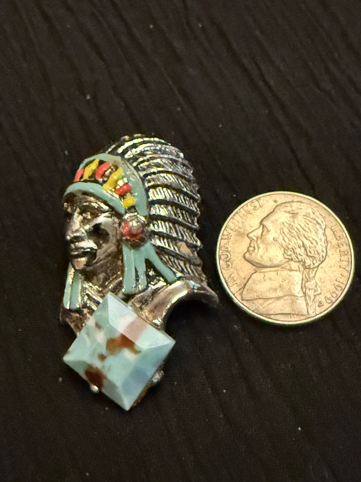 Vintage Native American Chief Brooch – Silver Tone Painted Headdress