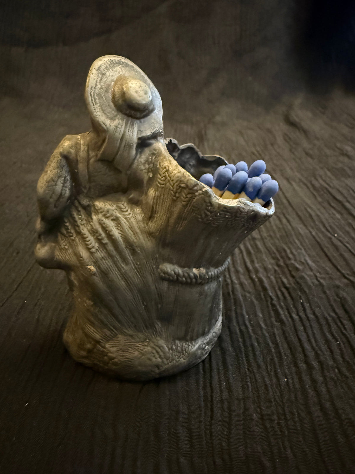 Vintage Figural Pewter Match Holder – Boy with Wheat Sheaf
