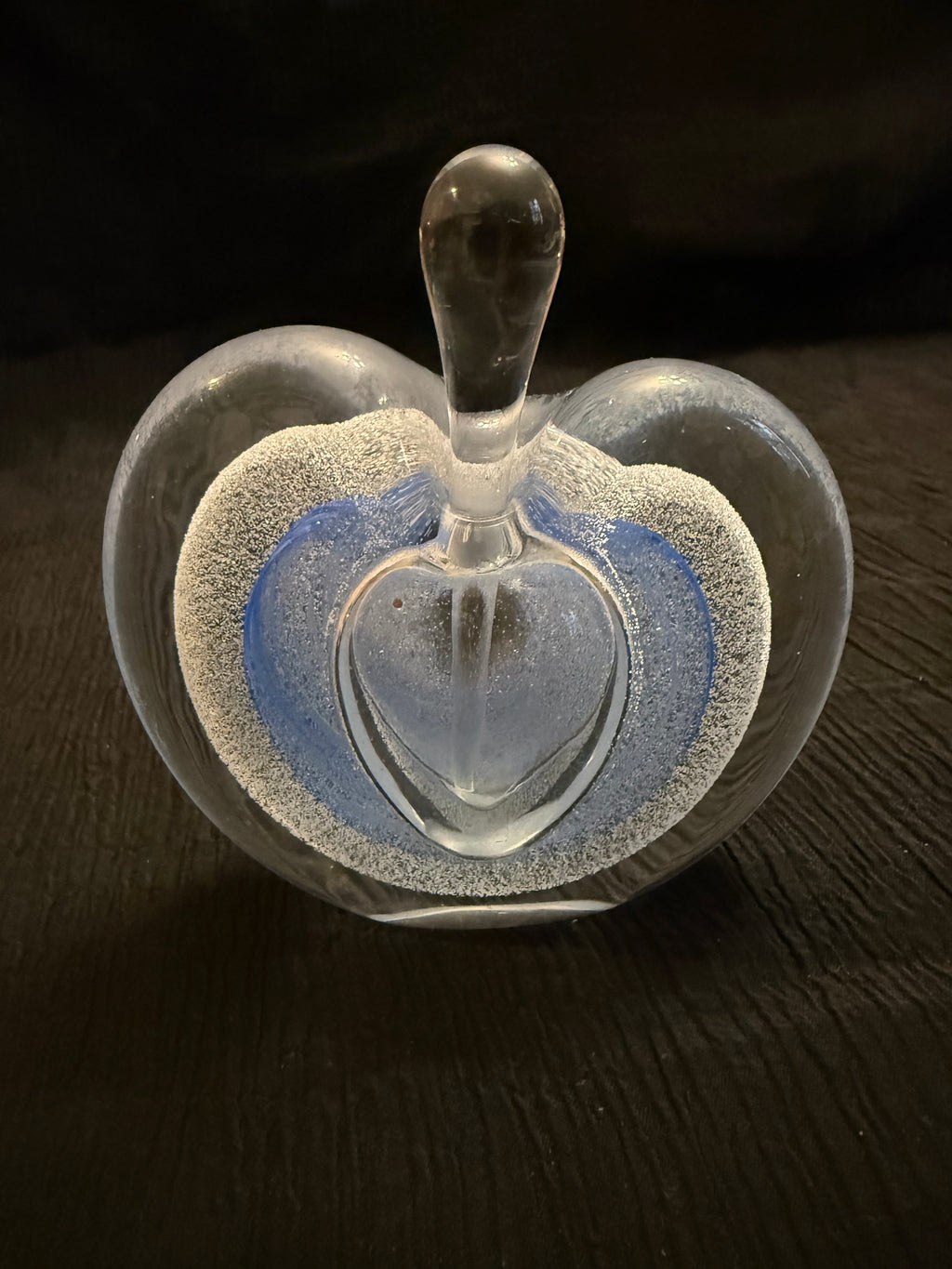 Vintage Hand-Blown Art Glass Apple Paperweight/Perfume Bottle.  Blue & Clear Bubble Design