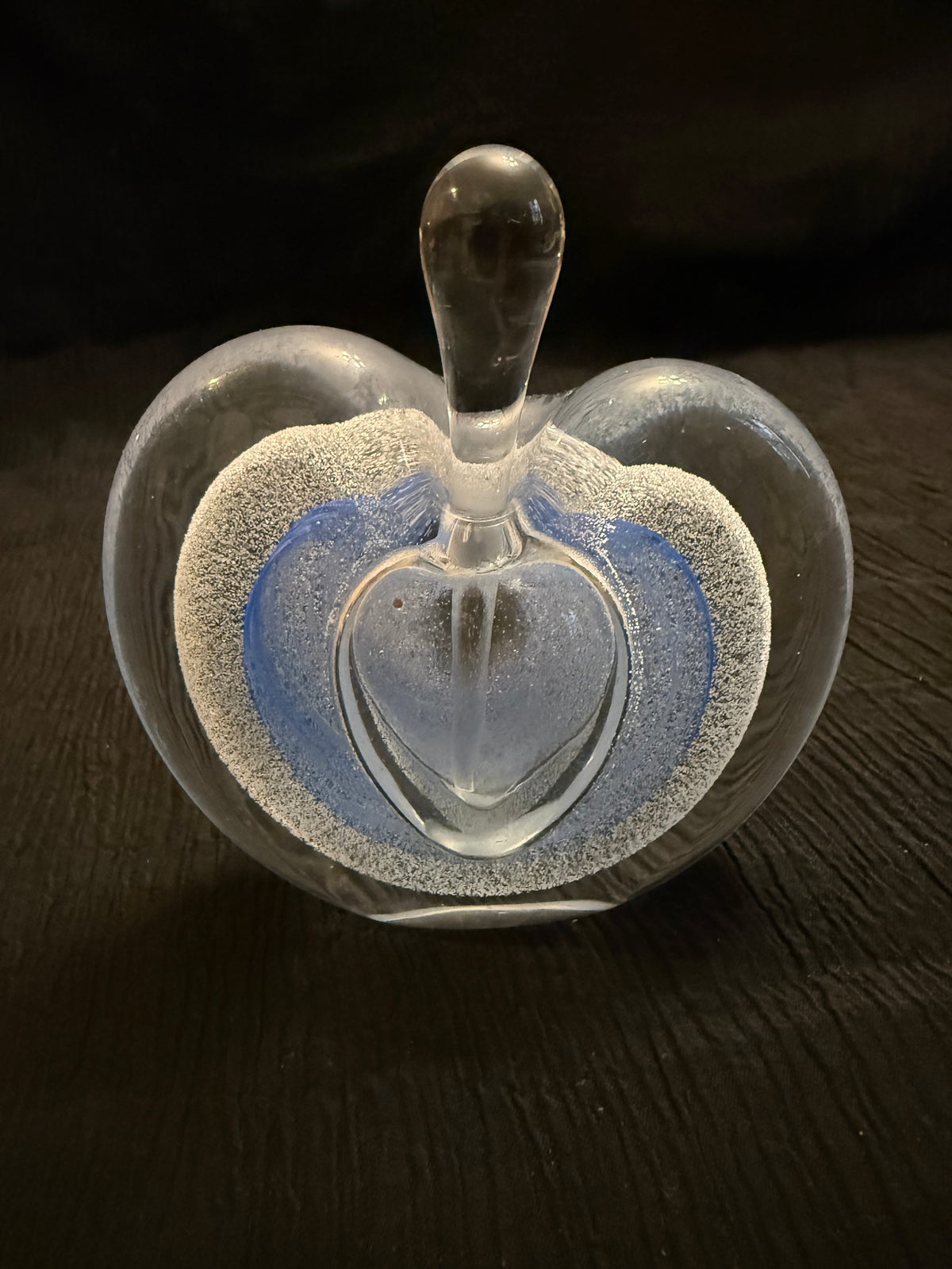 Vintage Hand-Blown Art Glass Apple Paperweight/Perfume Bottle.  Blue & Clear Bubble Design