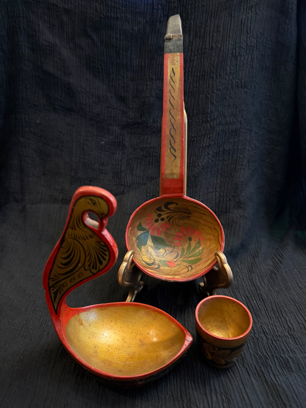 Vintage Russian Khokhloma Hand-Painted Wooden Ladle & Tableware Set