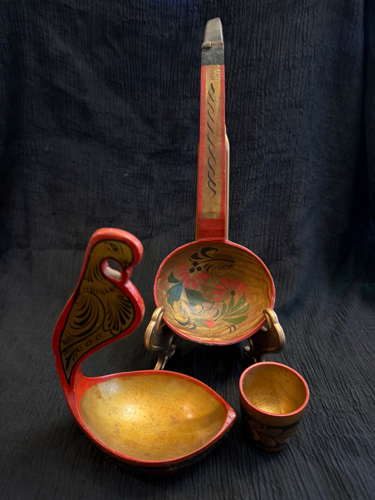 Vintage Russian Khokhloma Hand-Painted Wooden Ladle & Tableware Set