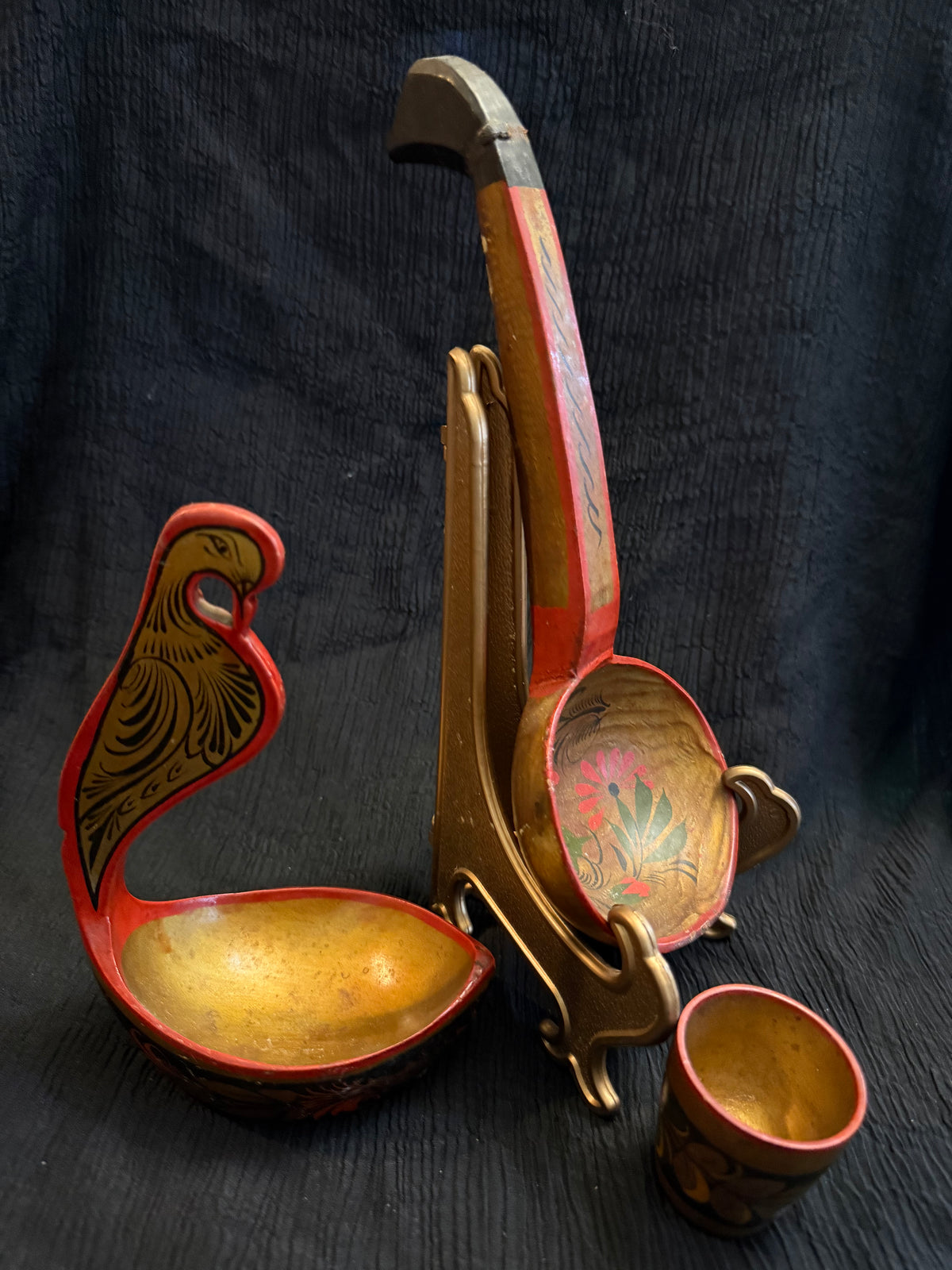 Vintage Russian Khokhloma Hand-Painted Wooden Ladle & Tableware Set