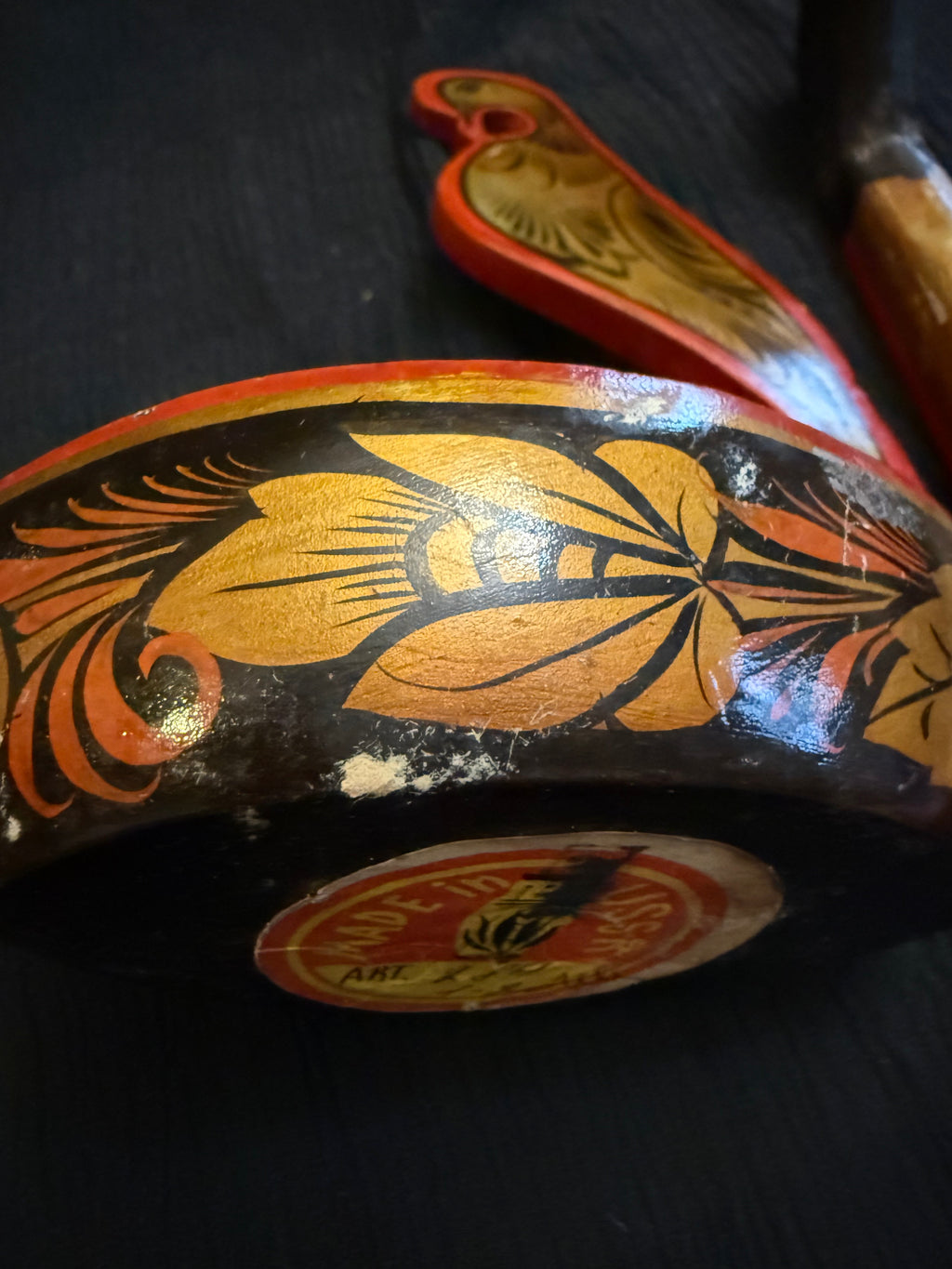 Vintage Russian Khokhloma Hand-Painted Wooden Ladle & Tableware Set